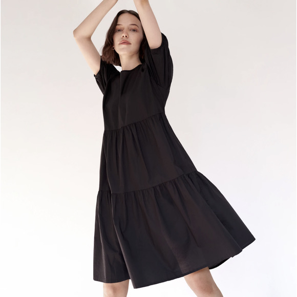 Everlane | Dresses | Everlane Black Tiered Puff Sleeve Midi Dress | Poshmark